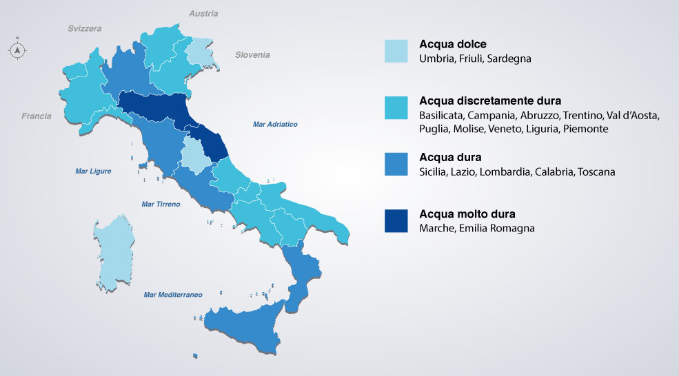 mappa della durezza dell'acqua in Italia